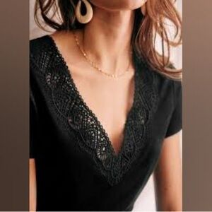 Sezane Laia Linen V Neck Black T Shirt - Medium